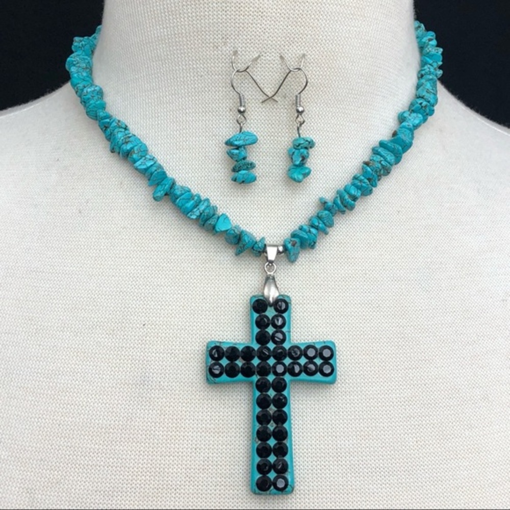 Large Turquoise Cross Stone Necklace Earrings Set